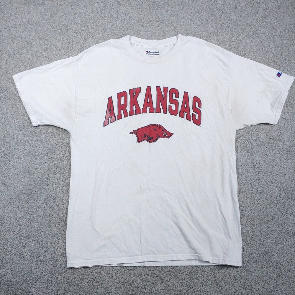 Champion Arkansas Razorbacks T-Shirt - Men L White - NCAA College Graphic Tee